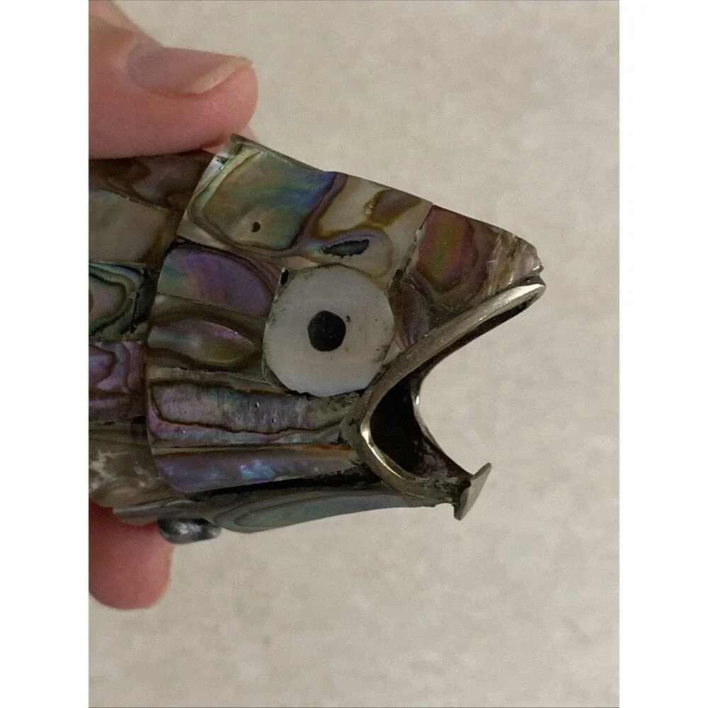 VINTAGE ARTICULATED FISH BOTTLE OPENER MOTHER OF PEARL ABALONE SHELL MEXICO
